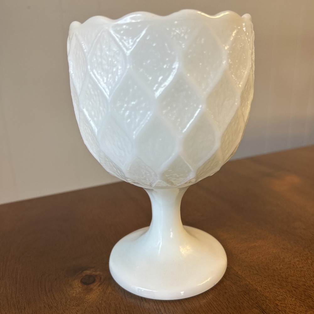 Vtg Milk Glass Quilted Diamond Goblet Compote Planter EO Brody M6000 Ray Base